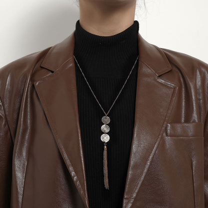 Cross-border ornaments vintage cut-out discs geometric round tassel pendant necklace women