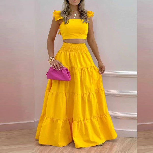 2026 Spring New European and American Cross-border Women's Solid Color Fashion Sexy Lotus Leaf Suspender Skirt Fashion Suit Women - view 2 | Ciaura