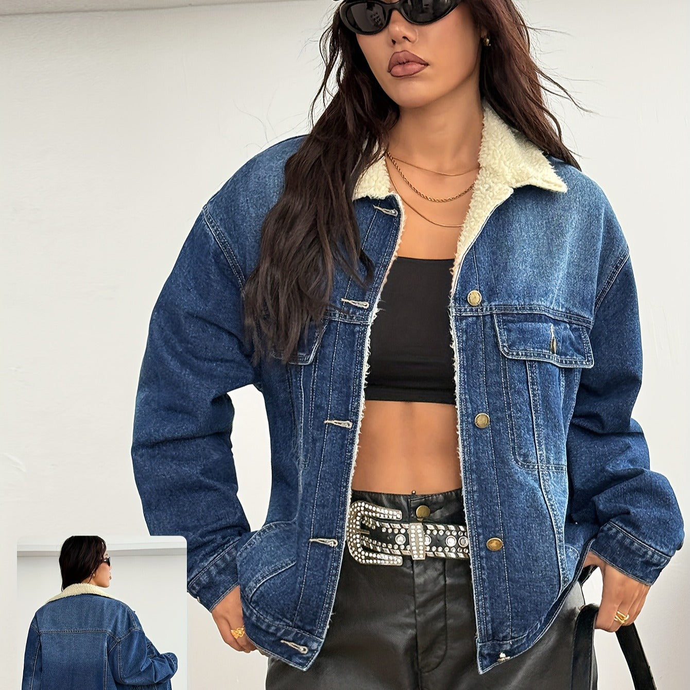 New Women's Elegant Casual Versatile Loose Slim Long Sleeve Retro Short Denim Warm Cotton Jacket Blue Black