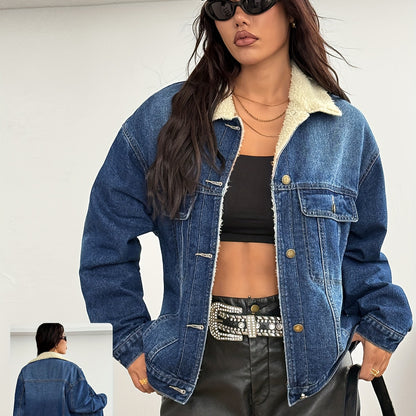 New Women's Elegant Casual Versatile Loose Slim Long Sleeve Retro Short Denim Warm Cotton Jacket Blue Black
