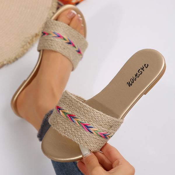 Women's Sandals Cross-border Women's Shoes Foreign Trade New Fashion Hemp Rope Versatile Solid Color Decorative Round Toe Women's Slippers
