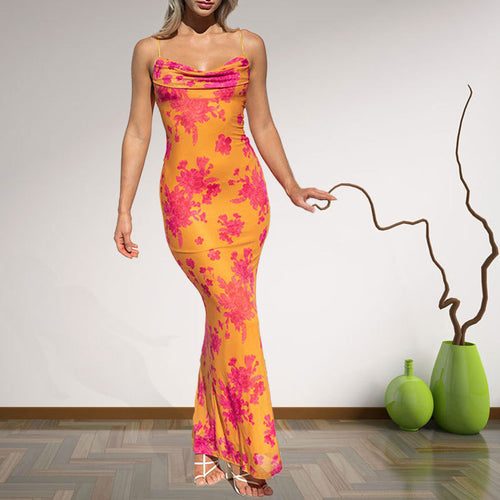 Spring 2025 European and American Women's Fashion Sexy Print Tie Waist Sexy Hip Long Slip Dress Women