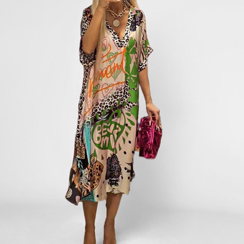 2026 Spring New Amazon Independent Station Hot Selling European and American Casual Leopard Print Colored Print Deep V Dress