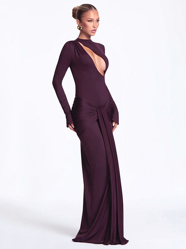 European and American foreign trade autumn and winter new women's clothing solid color sexy chest hollow long sleeve pleated strap hip wrap dress for women