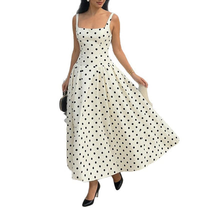 2026 Spring Dress AliExpress Women's New European and American Style INS White Polka Dot Waist Sexy Suspender Length