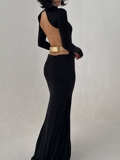 Foreign trade autumn and winter new European and beautiful women's clothing solid color high neck long sleeve sexy open back metal belt hip wrap dress for women