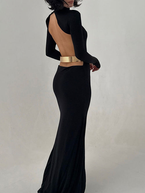 Foreign trade autumn and winter new European and beautiful women's clothing solid color high neck long sleeve sexy open back metal belt hip wrap dress for women