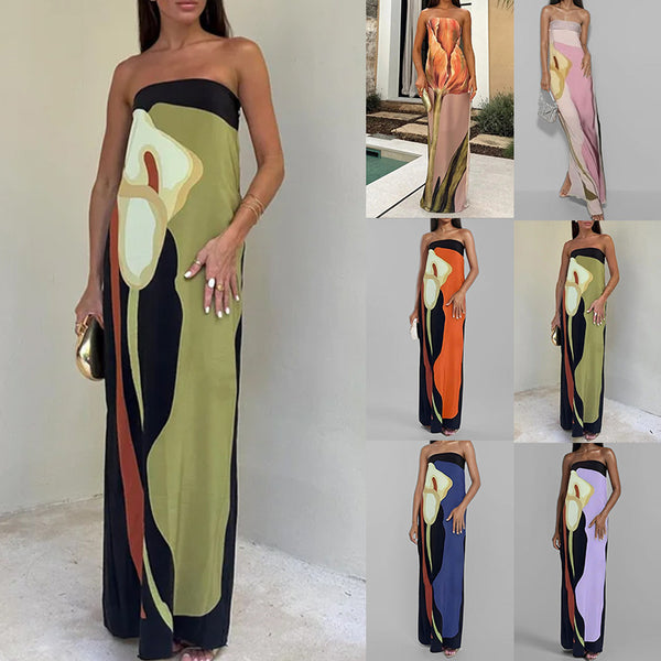 2025 Spring Dress European and American Foreign Trade Women's Fashion Sleeveless Off-the-shoulder Bandeau Sexy Backless Printed Dress