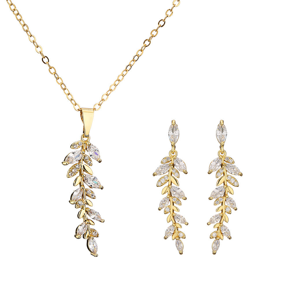 RAKOL Korean fashion creative wheat earring necklace girl's fresh temperament micro-inlaid zircon jewelry two-piece set