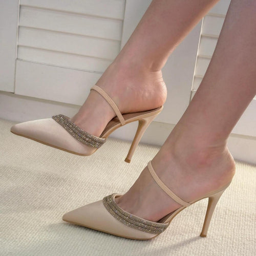 Spring 2026 rhinestone-embellished silk satin pointed heels heeled heels women's shoes wrapped toe shallow half slippers European and American style