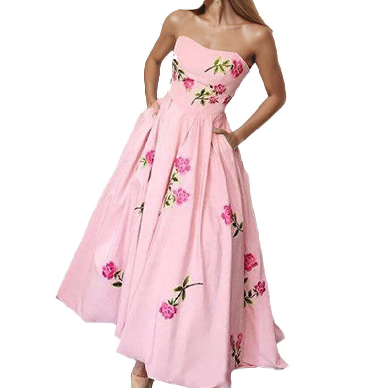 2026 spring new Amazon European and beautiful women's clothing temperament elegant big swing dress printed bandeau high-waisted dress