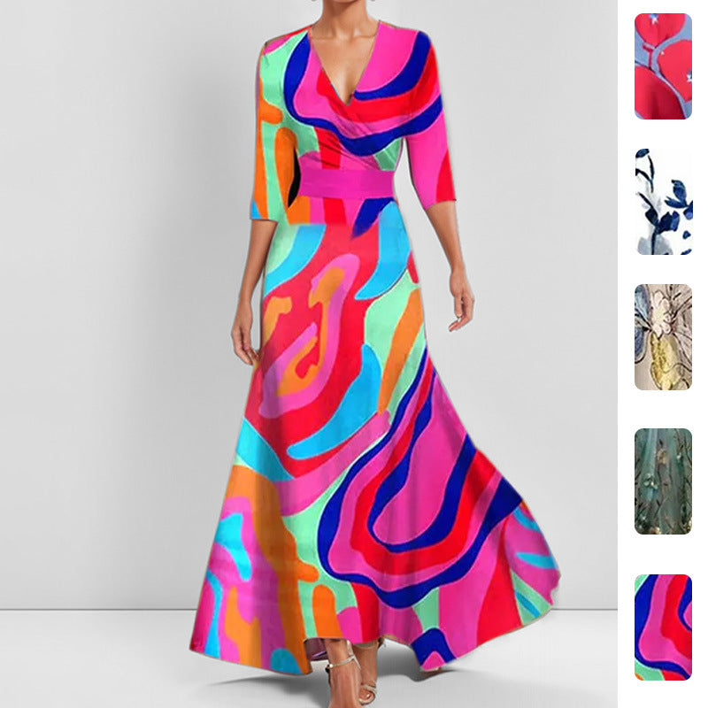 2026 Spring New European and American Cross-border Dress New Temperament Waist Slim Print V-Neck Long Sleeve Dress