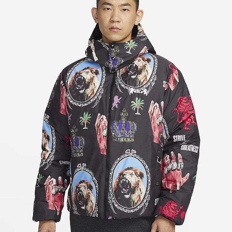 NIKE Men's James Print Hooded Casual Warm Jacket Down Jacket FB6975-010-030