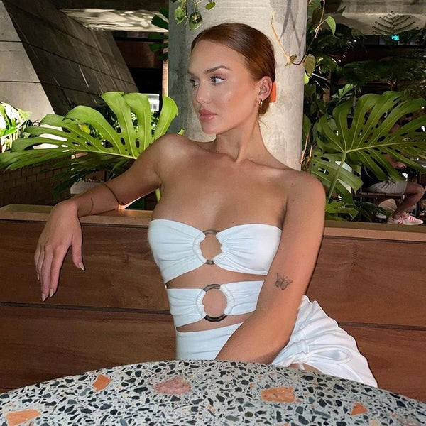 Cross-border exclusive for European and American style summer new women's one-shoulder sexy hollow high slit bandeau dress for women - view 2 | Ciaura