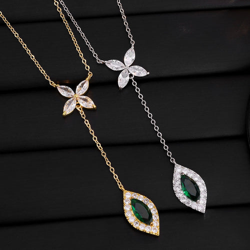 RAKOL Sweet Butterfly Copper Silver Plated Four-Leaf Clover Emerald Y-Shaped Necklace Light Luxury Diamond-Encrusted Tassel Pendant Wholesale