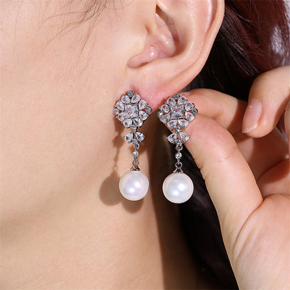 RAKOL New Fashion Floral AAA Zircon Light Luxury Earrings Clip Pearl Earrings Women's Fashionable Korean Style Earrings