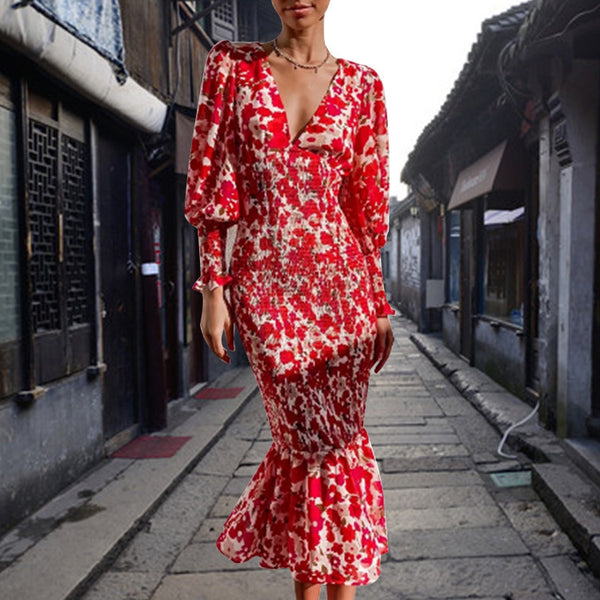 European and American women's clothing Amazon foreign trade new V-neck fashion sexy slim temperament long sleeve spring dress women's 661