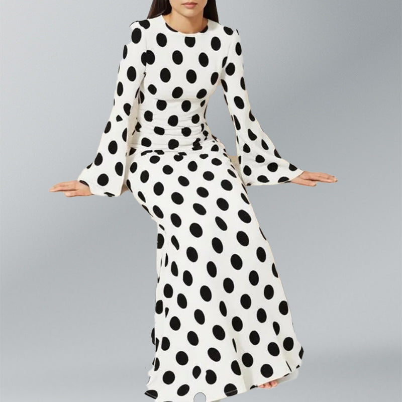 2025 Spring New European and American Style Women's New Women's Waist Ruffled Hem Lace-up Long Sleeve Large Swing Dress