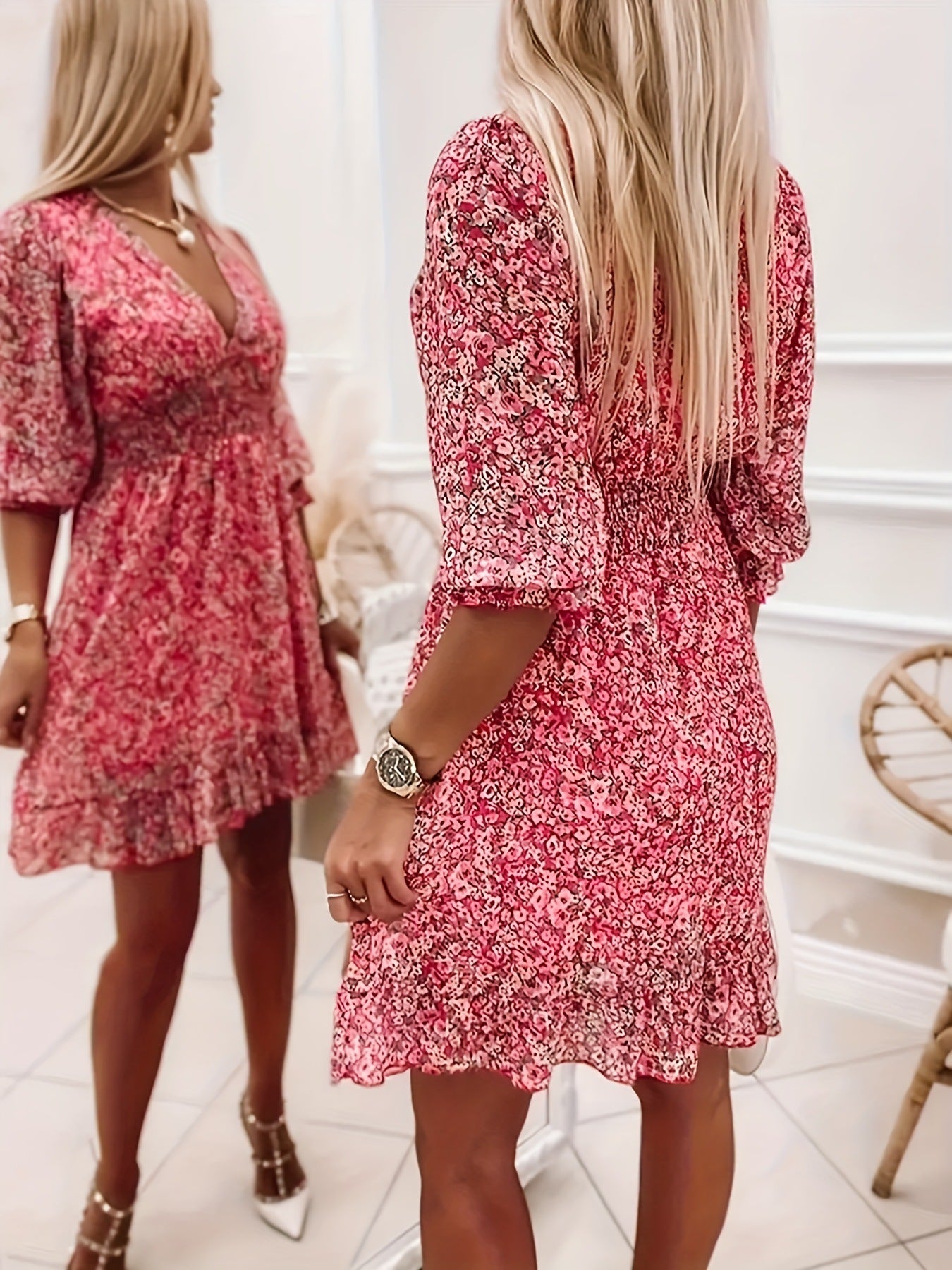 Amazon foreign trade European beauty clothing wish AliExpress ebay floral skirt dress short sleeve bohemian high waist