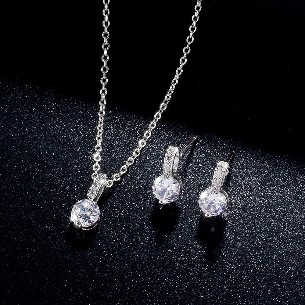 RAKOL Korean Style Fashionable Simple Geometric Round Zircon Jewelry Set Versatile Earrings and Necklace Two-Piece Set