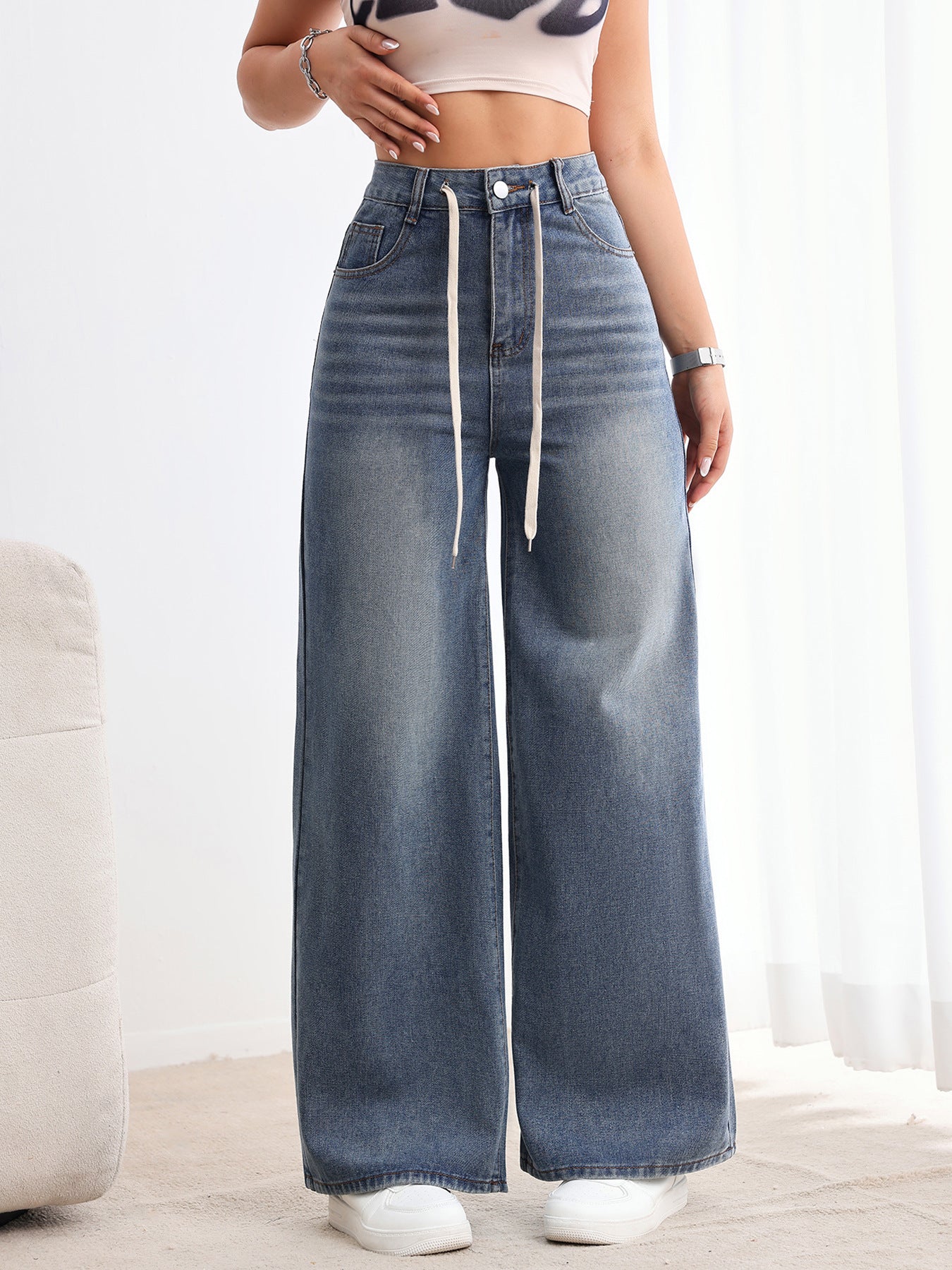 TEMU American Vintage Wide-Leg Jeans Women's Washed Drawstring High Waist Loose Drape Straight Jeans JEANS