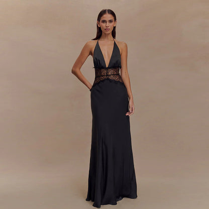 Cross-border 2025 summer new European and beautiful women's clothing sexy deep V backless lace see-through slim hip dress for women