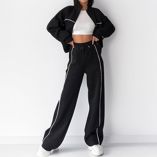 2026 New European and American Amazon Casual Long Sleeve Cardigan Sports Sweatshirt Lace-up Striped Pants Fashion Suit Women
