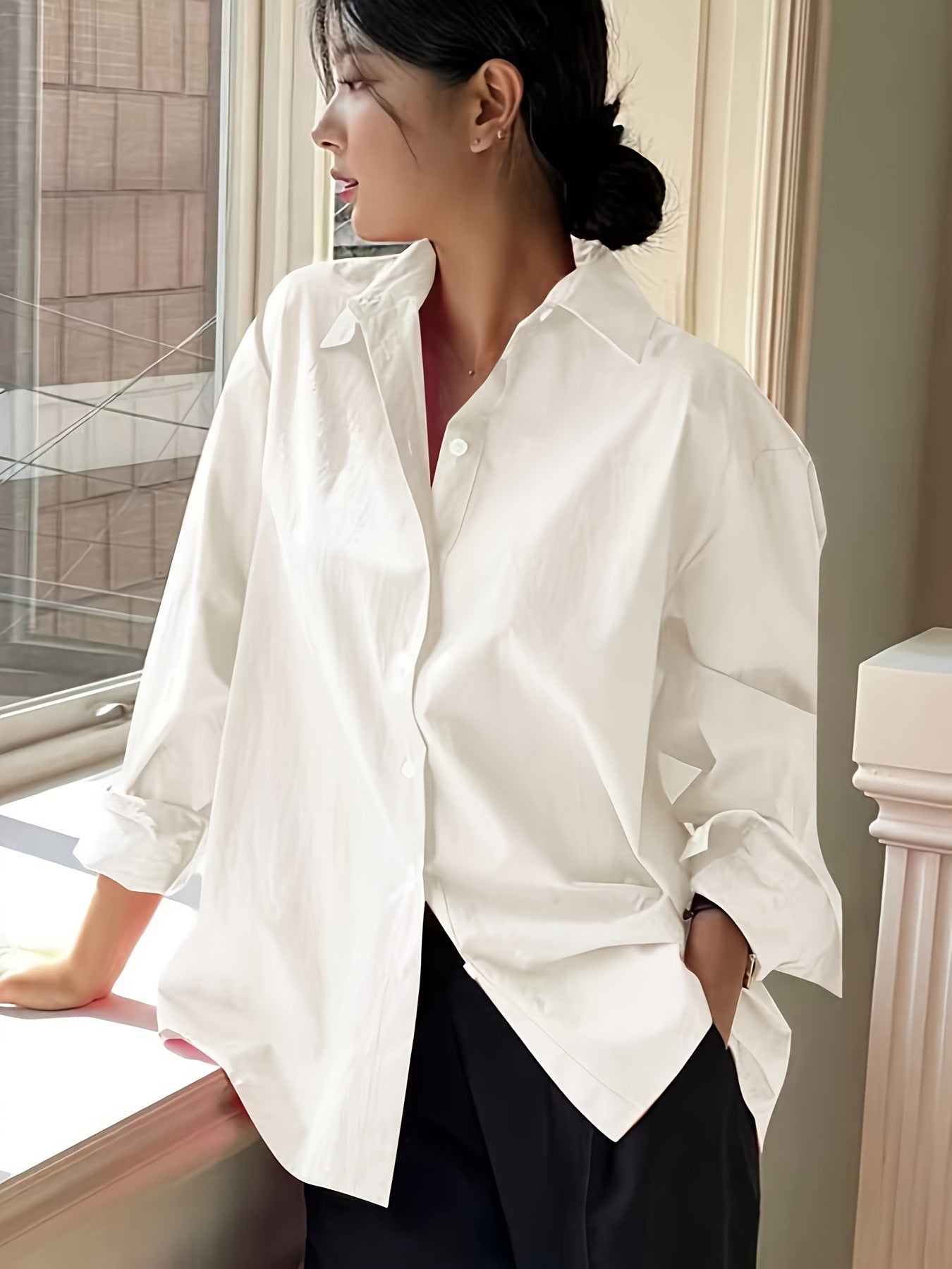 European and American cross-border new long-sleeved minimalist women's shirt cotton poplin long-sleeved lapel versatile loose shirt