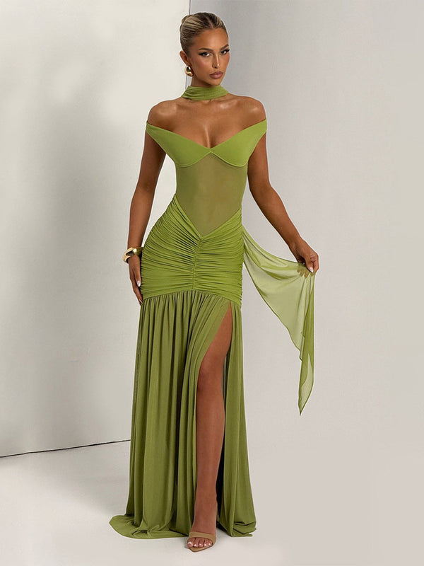 Cross-border new European and American clothing solid color V-neck sexy mesh splicing pleats high slit slim hip dress | Ciaura