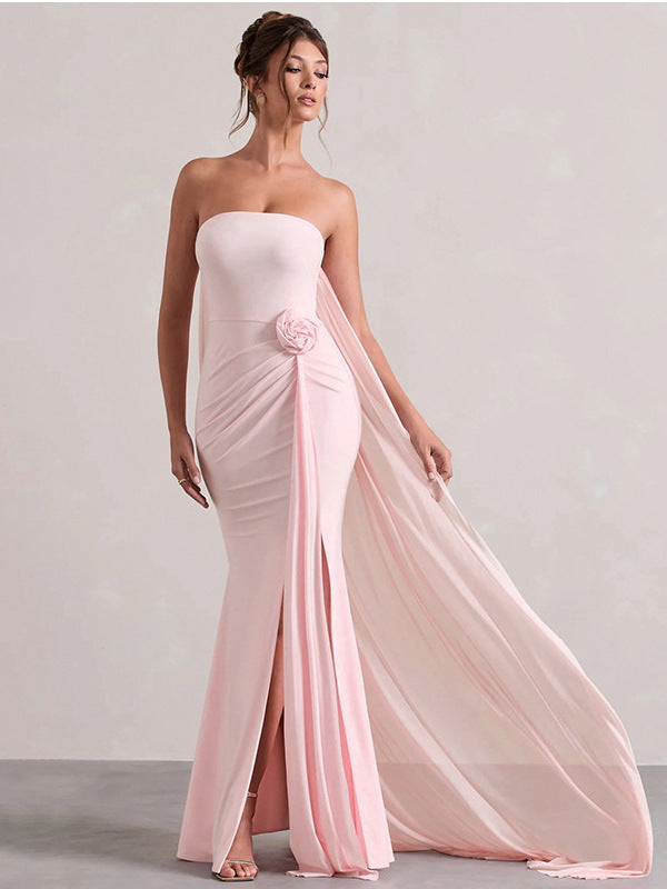 2025 new cross-border European and beautiful clothing temperament solid color sexy bandeau slim body wrapping hip mopping dress dress for women | Ciaura