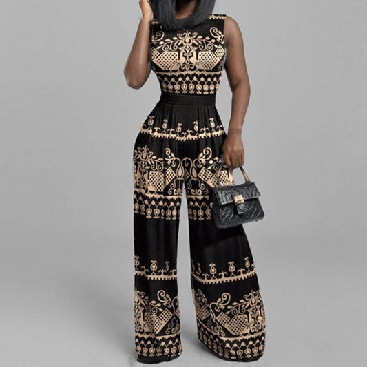 2025 European and American cross-border spring new fashion hot selling casual trousers slim print sleeveless women's jumpsuit