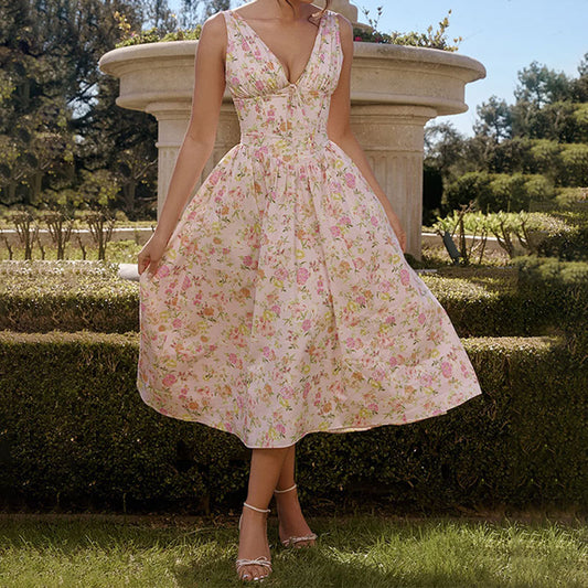 Vestido midi de verão para mulher Amazon 2025, estilo europeu e americano, com decote em V, cor sólida, para o dia a dia.