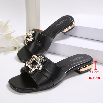 Fashionable and comfortable women's square-toe high-heeled sandals, women's slippers, elegant versatile metal decorative buckle square-toe sandals
