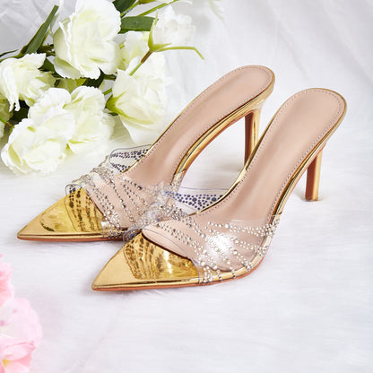 2026 Summer French Pointed Toe Transparent TPU Sandals Women's Outer Wear Thin Heel with Rhistone Decoration Breathable