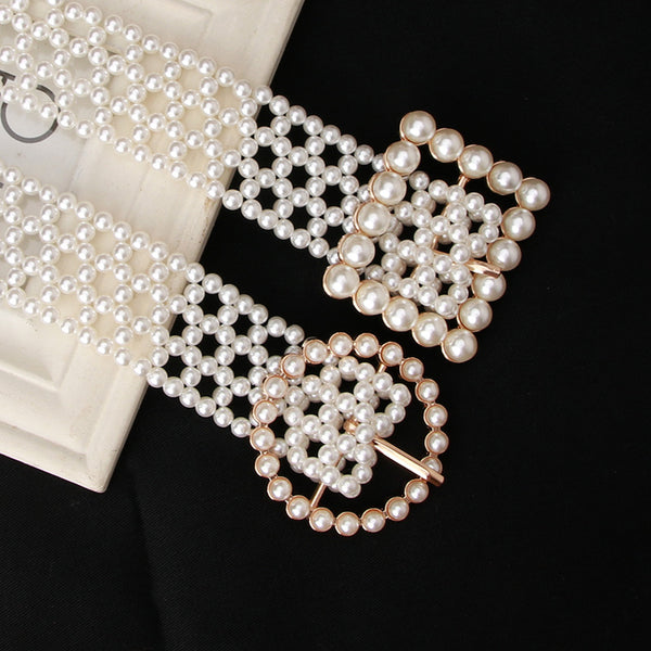 New product trend ladies belt sweet fashion imitation pearl woven waist chain elegant ladies dress decorative belt