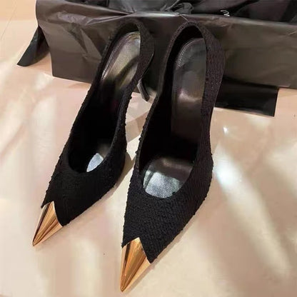 XD Huizhou City Autumn New Patent Leather Single Shoes Woolen Shoes Black Thin Heel European and American Fashion Temperament Metal Pointed Toe