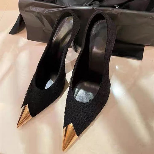 XD Huizhou City Autumn New Patent Leather Single Shoes Woolen Shoes Black Thin Heel European and American Fashion Temperament Metal Pointed Toe