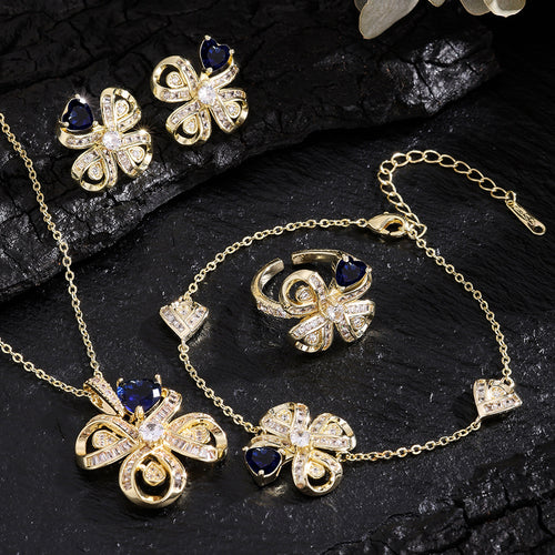 The new Baojiayong blooming flower bracelet plated with 18K gold floral blue diamond-set simple and sophisticated fashion women's set