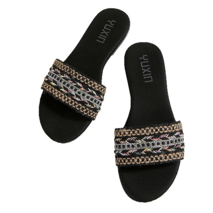 European and American cross-border women's shoes, export fashion slippers, classic versatile ethnic style webbing decoration, round-toe flat sandals