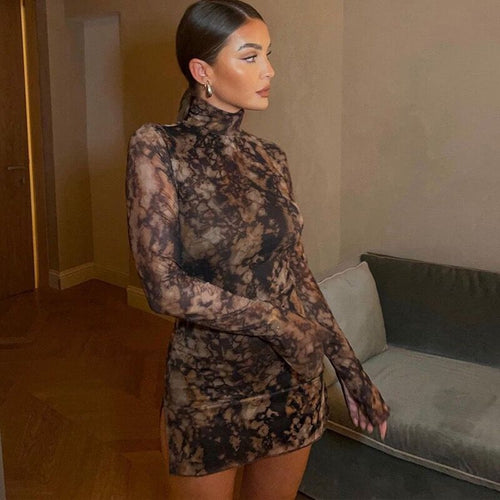 Foreign Trade Europe and America 2023 New Autumn Long Sleeve Dress Women's Semi-High Neck Print Sexy Slim Slit Hip Skirt