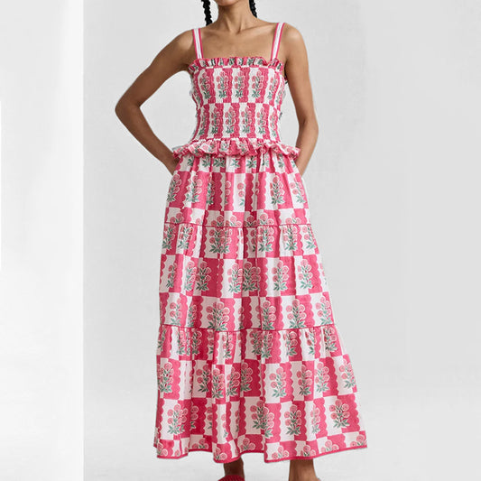 2026 Spring New Cross-border European and American Fashion Elegant Wavy Floral Resort Style Slip Dress