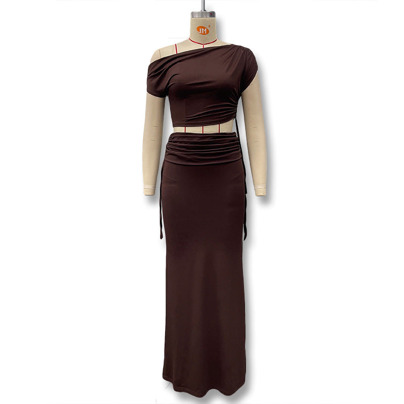 Cross-border 2025 summer new European and beautiful clothing temperament solid color diagonal collar crop top slit skirt two-piece set