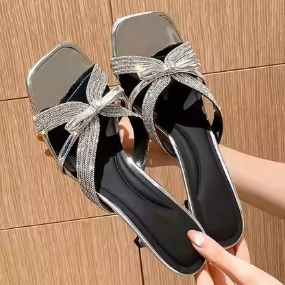 2026 thin heel square toe half-slipped sandals wear summer rhinestone high heels women's silver sandals Internet celebrity bow style