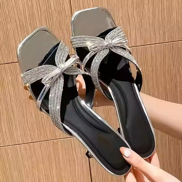 2026 thin heel square toe half-slipped sandals wear summer rhinestone high heels women's silver sandals Internet celebrity bow style