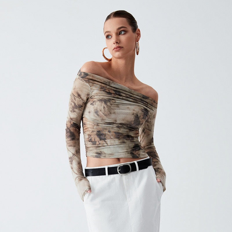 2024 Spring New European and American Style 3D Printed Crop Top Slim T-Shirt Retro Sexy One-Shoulder Pressed Pleated Top Women