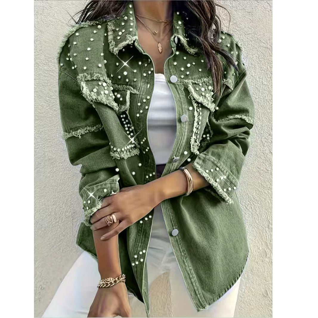 Diamond Pearl Women's Plus Size Diamond Pearl Embellished Denim Top Washed Denim Jacket Green