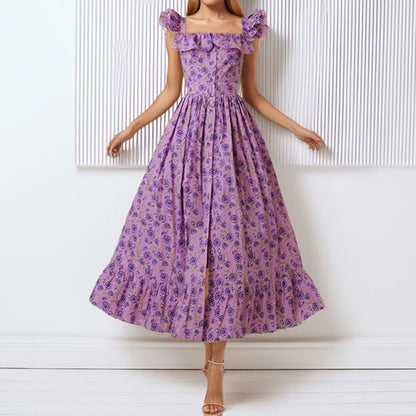 Vestido floral com decote quadrado, manga curta e cintura marcada, da nova coleção primavera 2026, de inspiração europeia e transfronteiriça.