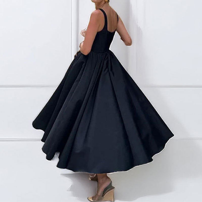 Comércio externo 2026: vestuário feminino europeu e elegante em estilo literário, com blusa ombro a ombro, sem mangas e corte evasé. Vestido europeu e americano.