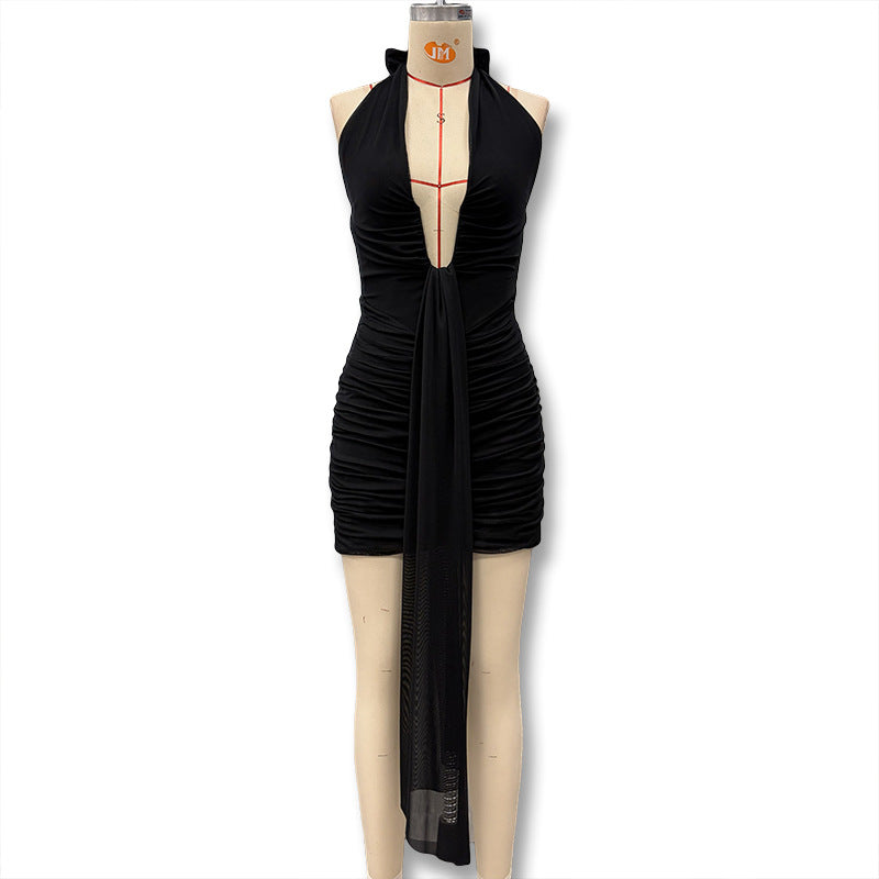 Vestido sexy para mulher com decote halter e costas em V profundo, padrão leopardo, novo modelo para o outono e inverno, ideal para mulheres modernas e com estilo.