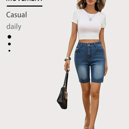 Summer new women's elegant denim culottes cargo pants women's anti-light A-shaped pocket embroidery slimming